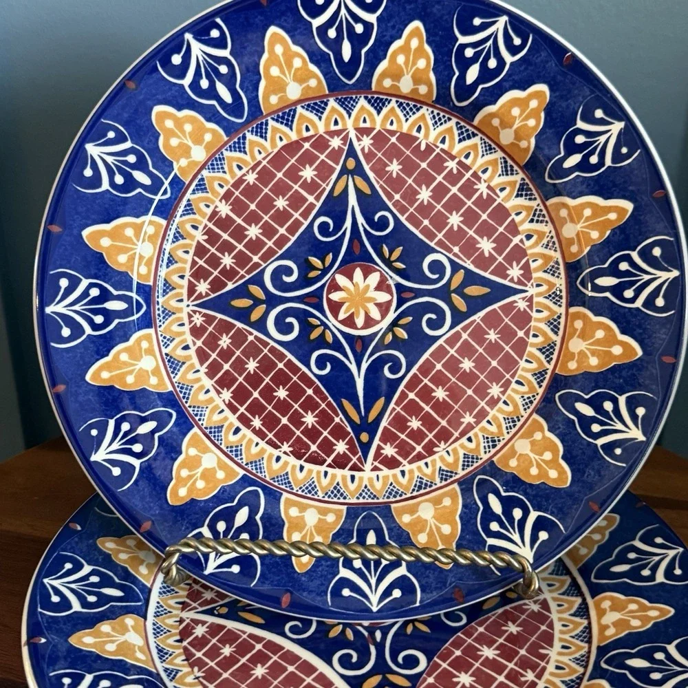 Pier 1 Vizcaya Dinner Plates Set 2 Earthenware Italy 90s Mosaic Tuscan